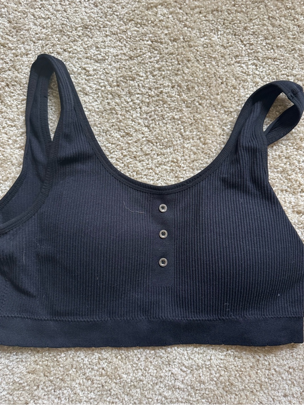 Lucky Brand Black Ribbed Scoop Neck Sports Bra with Button Detail